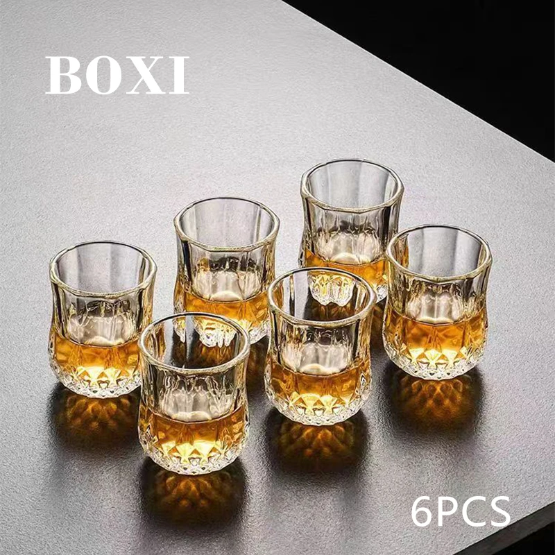 BOXI 6 pcs Whiskey Wine Glass Lead-free  Beer Cup Bar Hotel Drinkware Tequila Shot Glasses Carved Patterns Clear