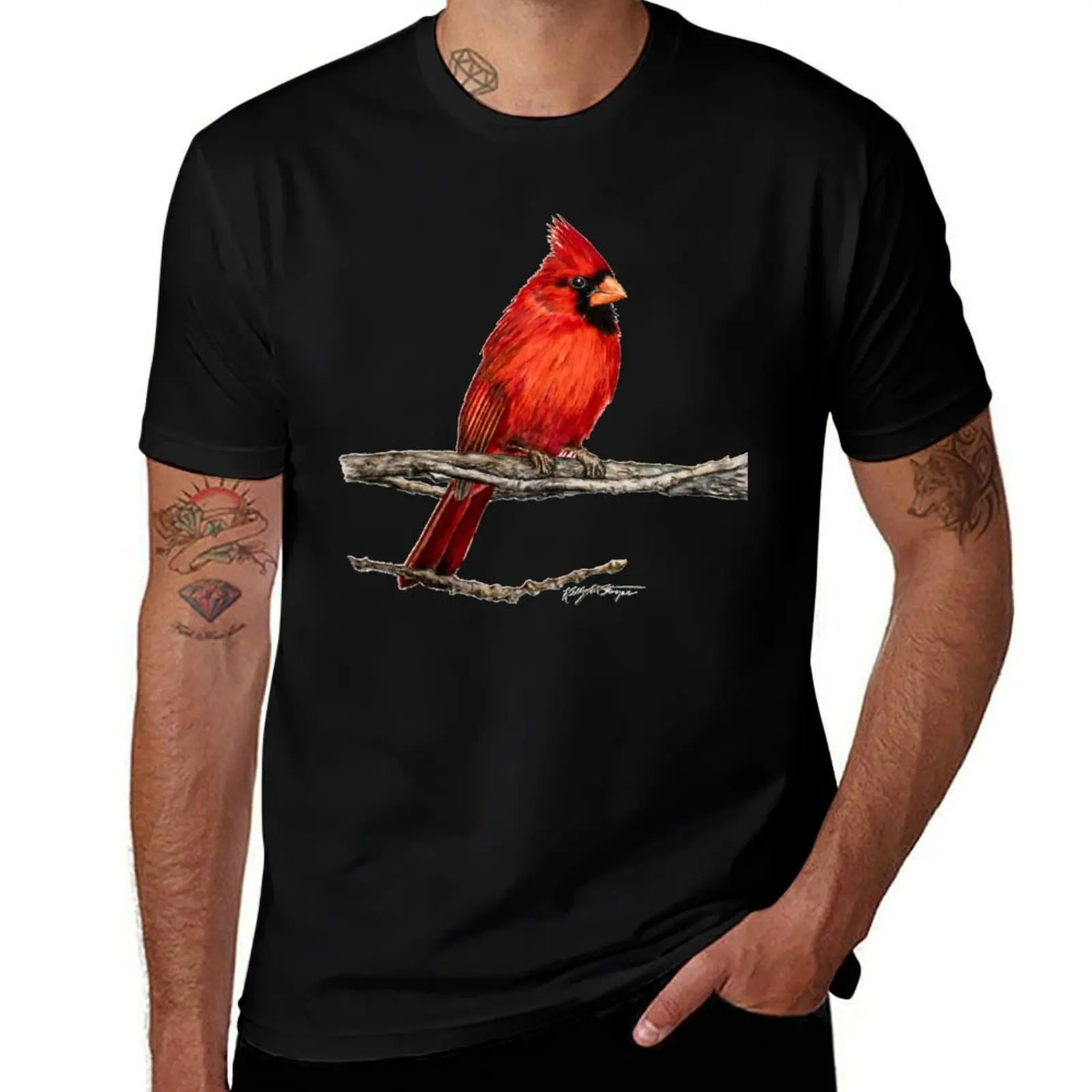 Male Northern Cardinal Wildlife Bird Art T-Shirt Casual Simple Design Short Sleeve Shirt T-Shirt