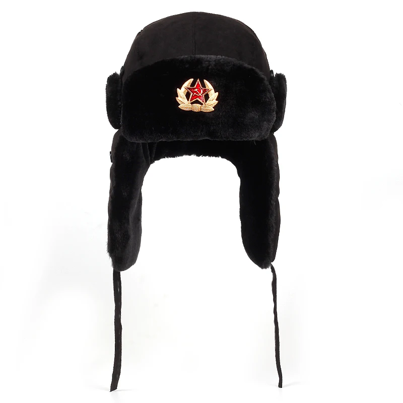 Sovjet Militaire Badge Rusland Bomber Hoeden Pilot Trapper Aviator Cap Winter Faux Konijnenbont Oorklep Sneeuw Caps Hoed