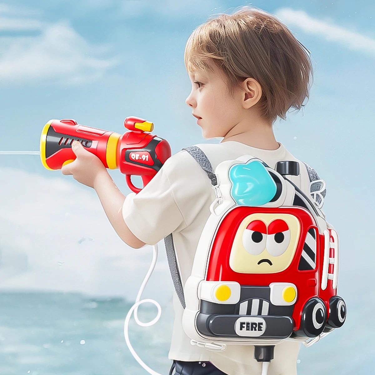 1 Juego de mochila de dibujos animados, pistola de agua, camión de bomberos, avión, vacaciones de verano, playa, agua, juguete para niños, pistola de agua