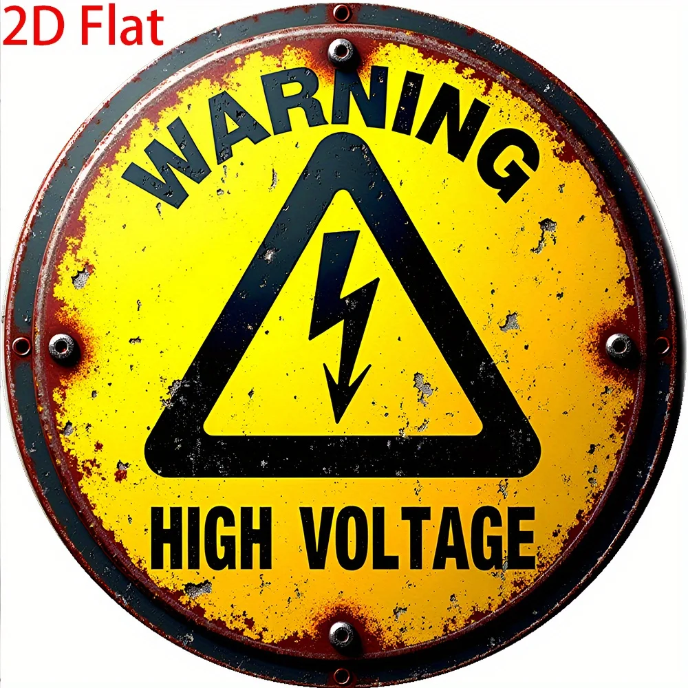 2D Flat - 2D Plane - 1 Vintage Electrical Warning Sign | Vintage Round Metal Plaque with High Voltage Decoration, Yellow And Bla