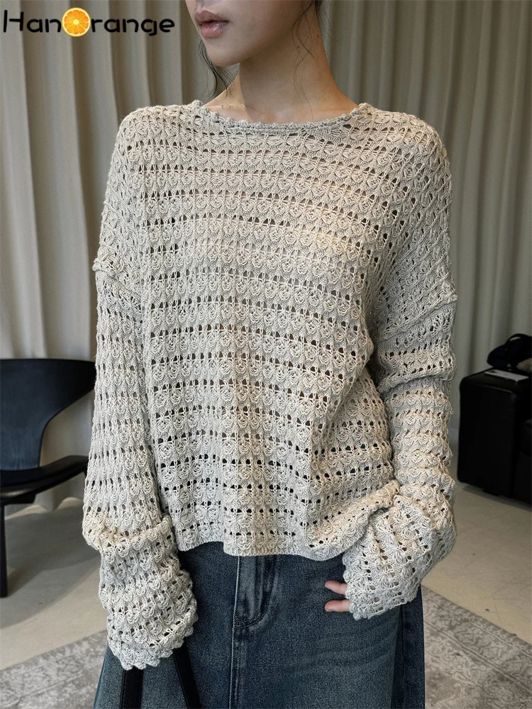 

HanOrange 2026 Spring Simple Fashion Hollow Knitted Hook Flower Cover Sweater Women O-Neck Loose Top Apricot/Green