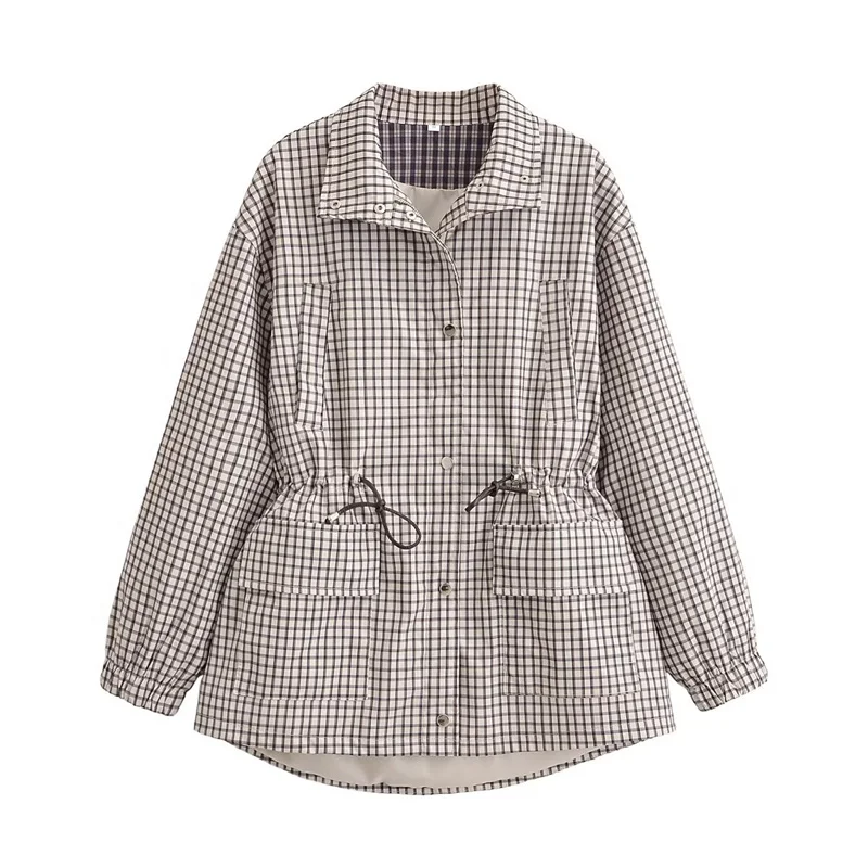 Women's Coat 2026 Autumn New Style Gray Plaid Long Sleeve Loose Stand Collar Drawstring Decorative Coat Casual Fashion Personal