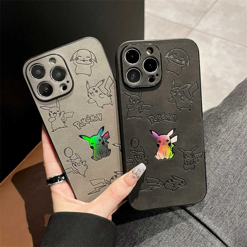 Hot Anime Pokemon Pikachu Leder Präge Laser Telefon Fall Für iPhone 17 16 15 14 13 12 Pro max Plus Luxus Cartoon Zurück Abdeckung