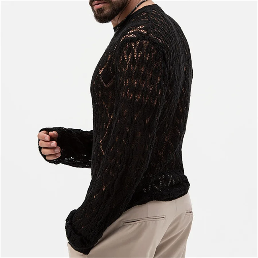 Men Knitted Pullover Long Sleeve Thin Clothing Casual Slim Hollow Out Black Sweater Male Round Neck Breathable Solid Knit Tops