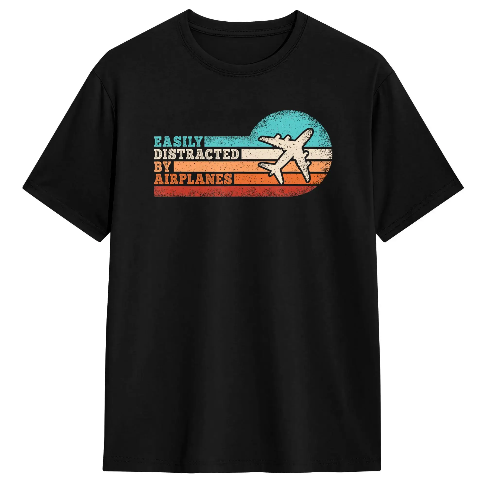 Men T-Shirts Easily Distracted by Airplanes Funny Pilot Aviation Novelty Cotton Tees Short Sleeve  T Shirt Round Collar Tops