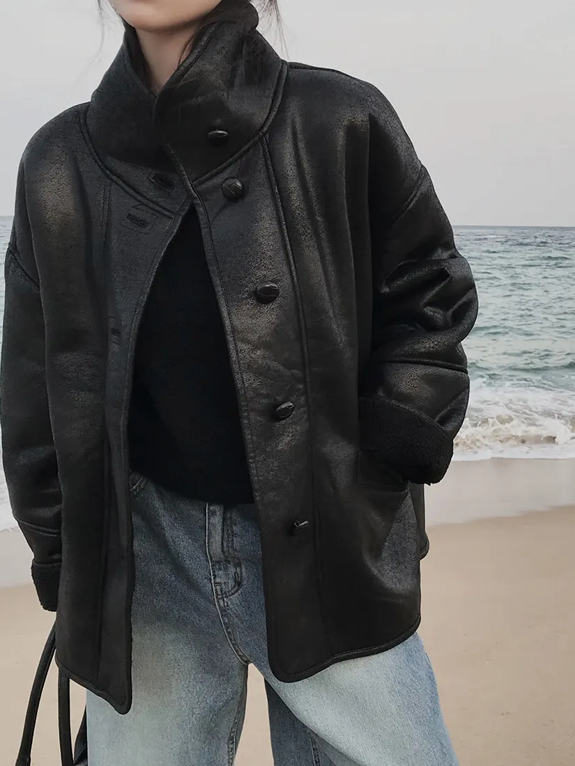 Sli 韓国産ラムファー ジャケット レディース 冬 レトロ スエード バイカーコート エレ アウターウェア レギュラー丈 アリゲーターパターン