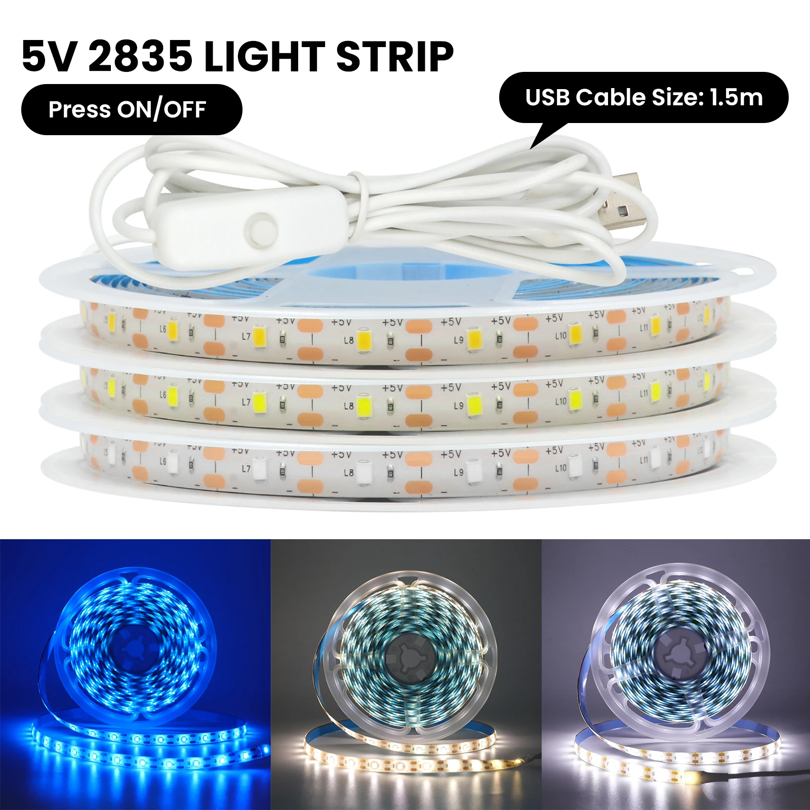 5V LED Strip Light with USB OFF/ON Switch SMD2835 60LEDs/m Waterproof Adhesive Tape TV Backlight White Warm Blue for Room Decor