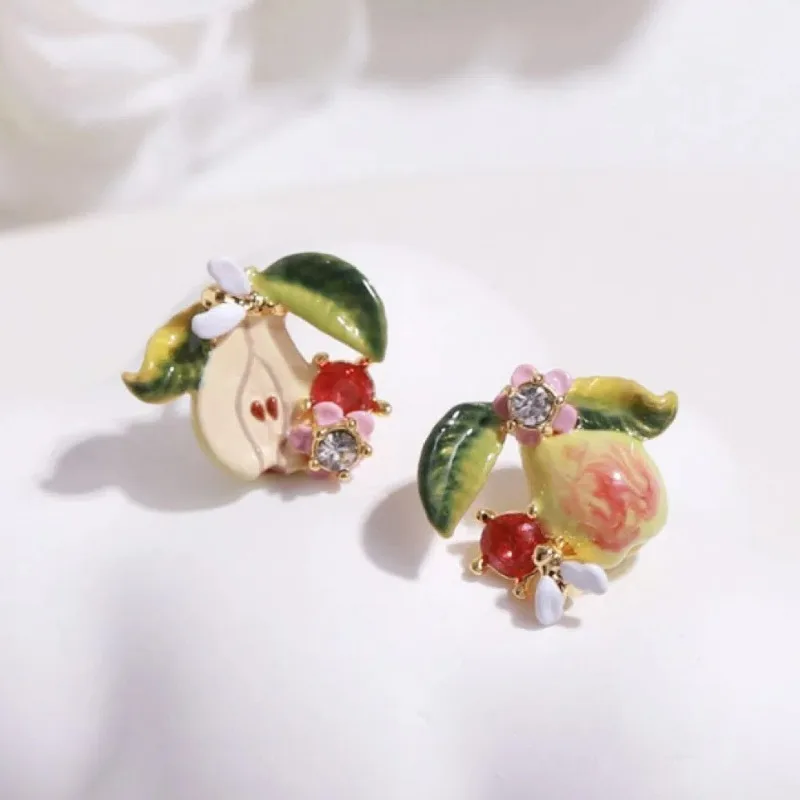 New Pastoral Style Cute Hand-painted Fruit Color Story Series Asymmetric Design AB Style Sweet Pear Earrings for Women Christmas