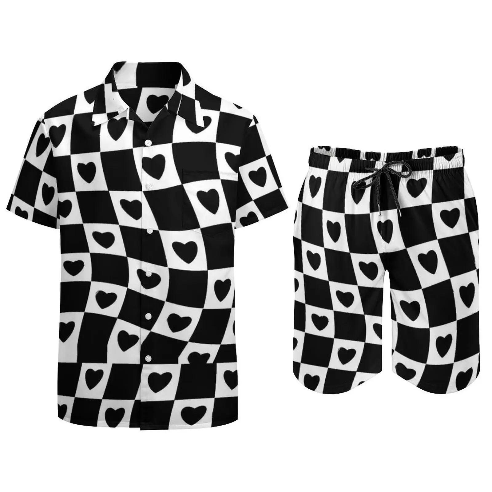 Hearts Check Print Men Sets Black And White Casual Shorts Summer Vintage Vacation Shirt Set Short Sleeve Design Oversized Suit