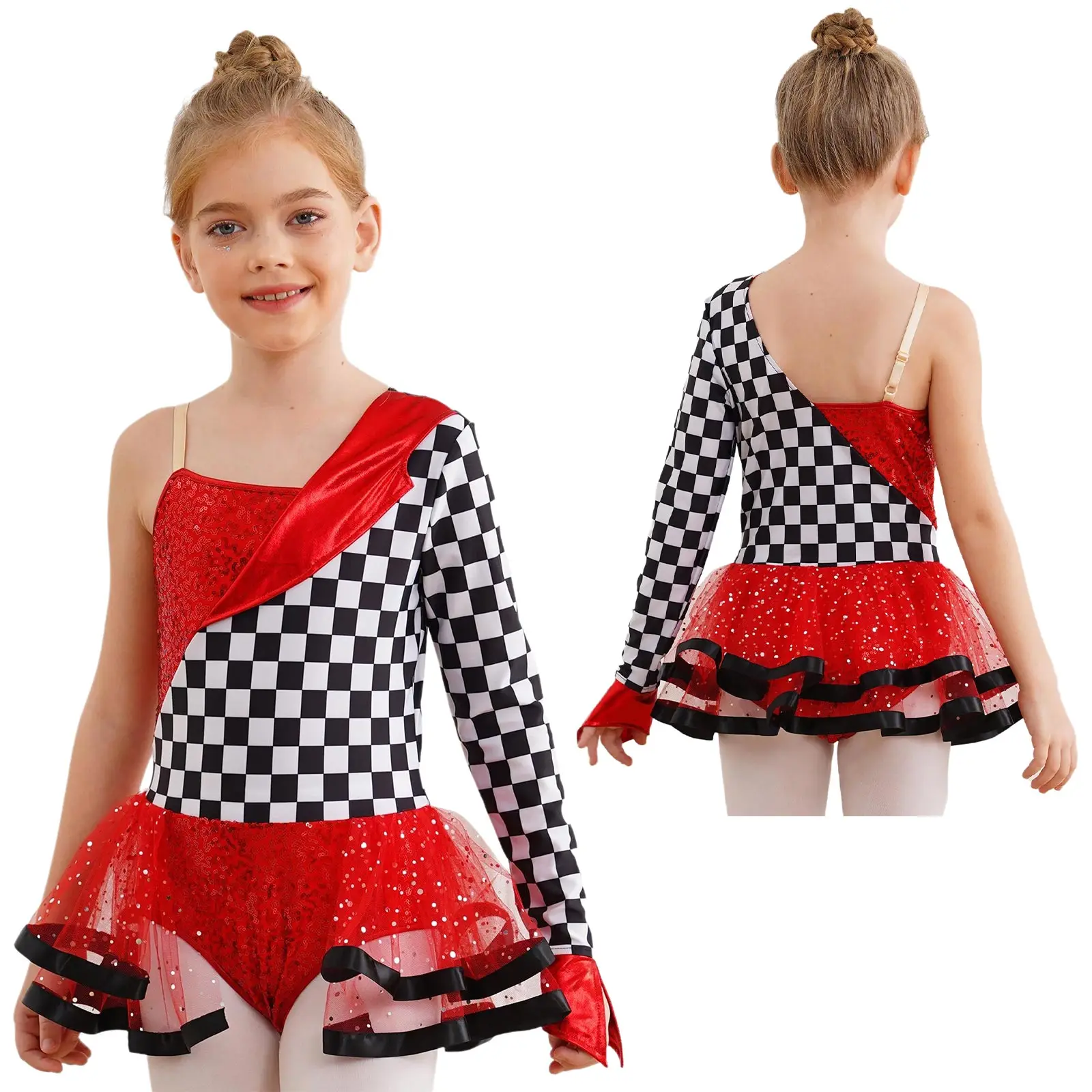 Kids Girls Halloween Party Racer Cosplay Costume Racing Car Driver Bodysuit One Shoulder Checkerboard Sequins Dance Tutu Dress