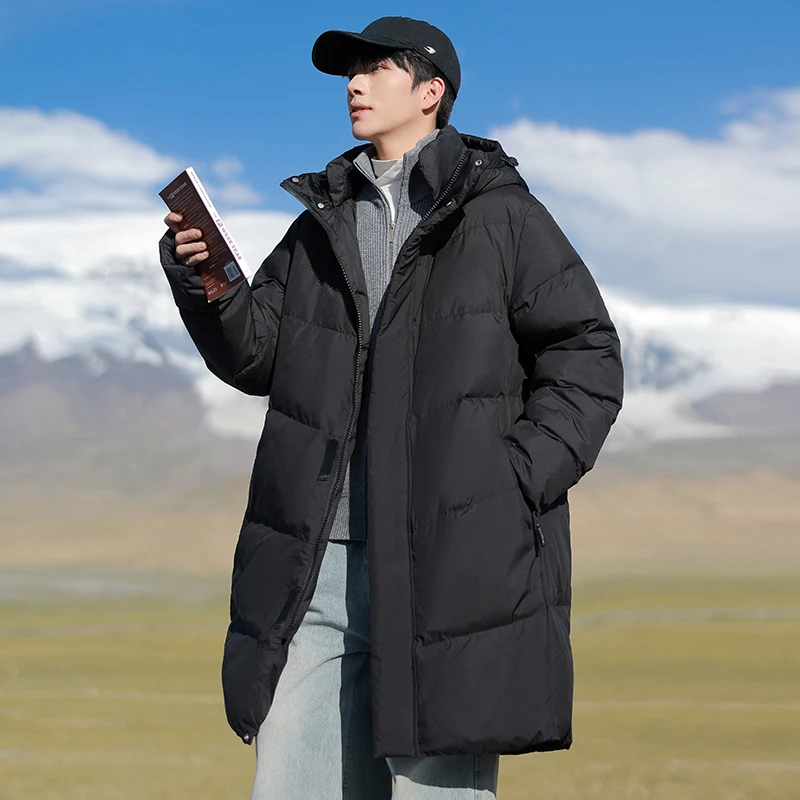 Mid-Length Hooded Duck Down Jacket Winter Men's Warm Puffer Coat Outwear Windproof Solid Color Thicken Padded Top Parka Clothing