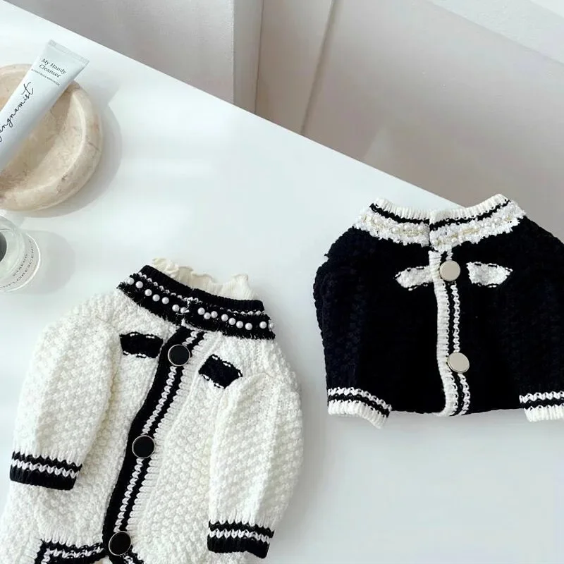 Autumn Winter Dog Pearl Neck Knitted Cardigan Sweater for Small Medium Sized Dogs Cats Cute Cardigan Dog Clothes Dog Sweater