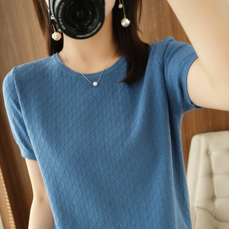 Women\'s T-shirt Spring/Summer 100% Cotton Sweater Short Sleeve Casual Solid Round Neck Ladies Tops Loose Blouse Pullover Tees