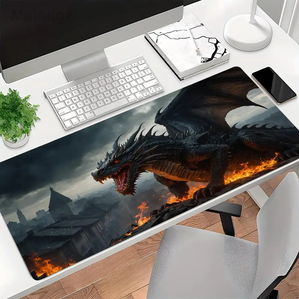 Playmat Huge Dark Fantasy Fire Dragon Stormy Ancient Castle Background Large Size Mousepad For Laptop Bedroom Learning Mat