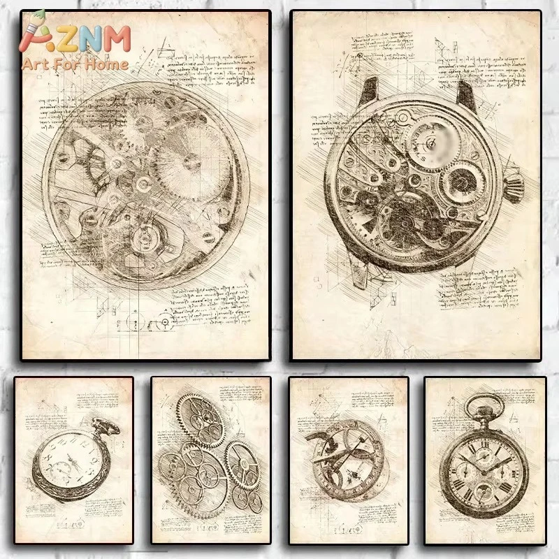 AZNM Vintage Watch Sketch Poster Gear Watch Design Manuscript Canvas Painting HD Print Modern Wall Art Picture Bedroom Decor