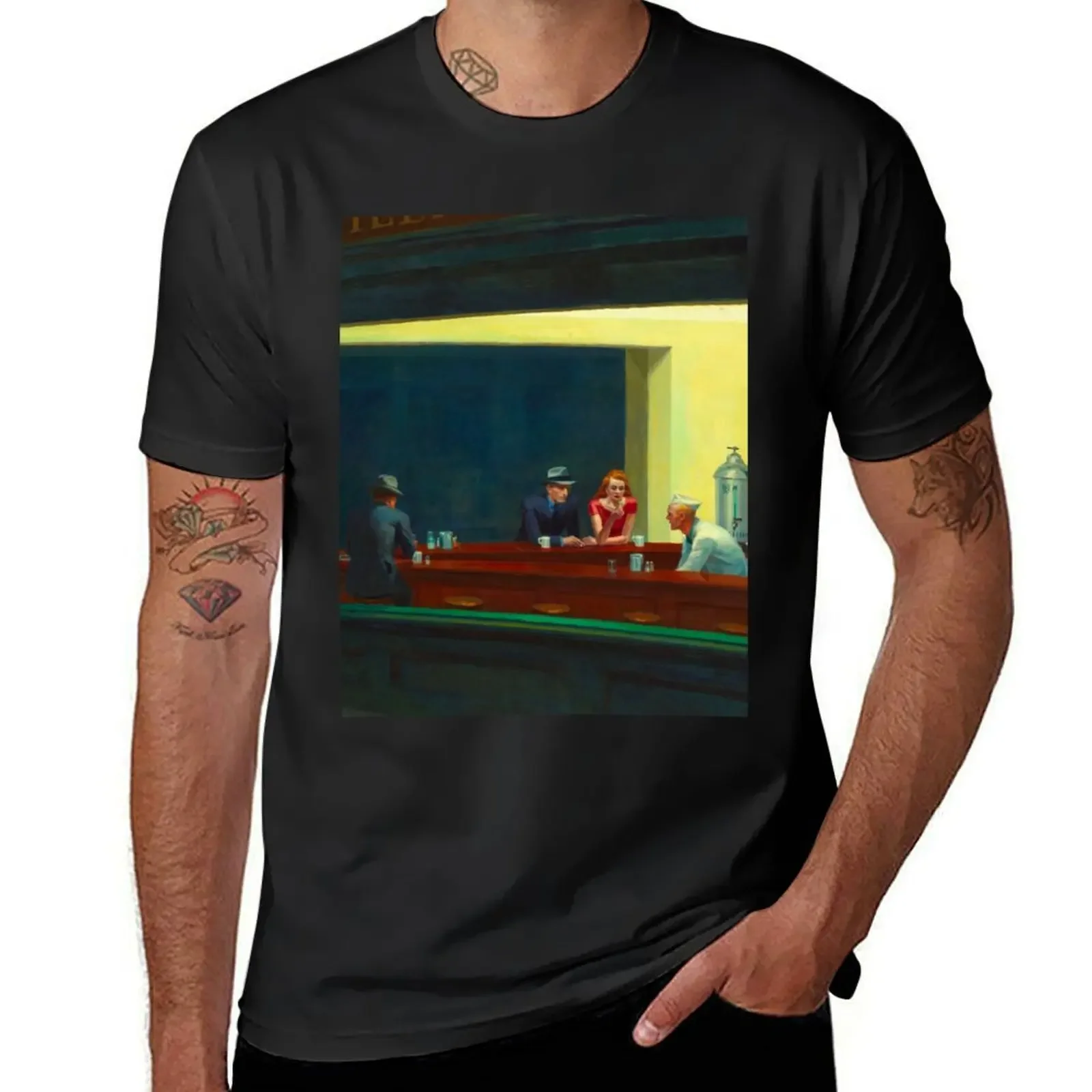 

Edward Hopper Nighthawks (1942). Vintage Exhibition Poster T-Shirt shirts graphic tee tees mens fashion