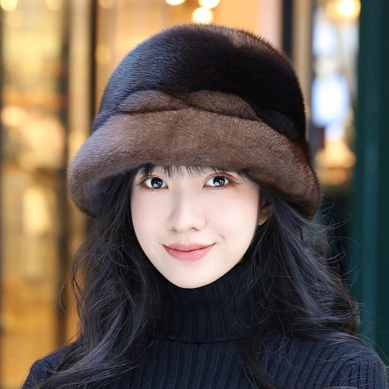 Women's New Fashion Fisherman Hat Real Mink Middle-aged And Elderly Large Size Casual Elegant Hat Outdoor Winter Warm Hat