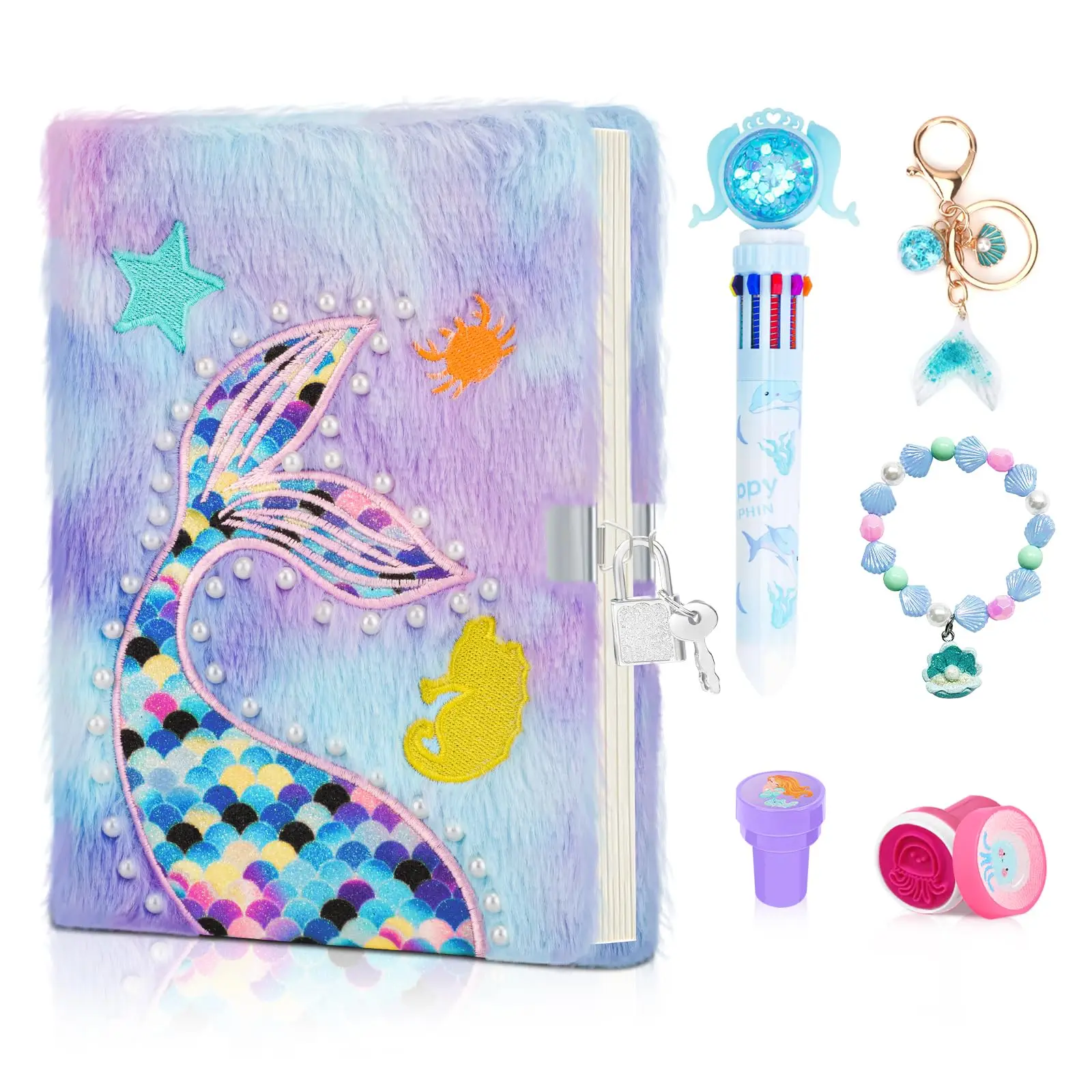 Plush Mermaid Notebook for Girls with Lock and Keys Tie-Dye Fuzzy Journal for Kids with 160 Lined Pages Fluffy Secret Diary Book