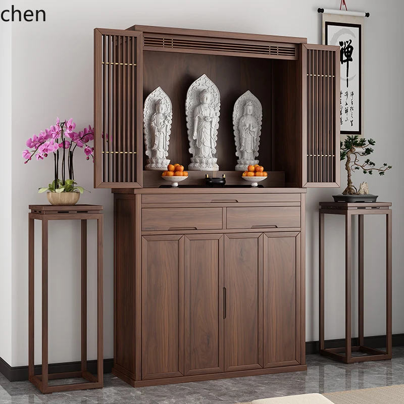 

ZML Buddhist niche vertical cabinet, black walnut Buddhist platform Buddhist hall, simple with door, God of Wealth cabinet