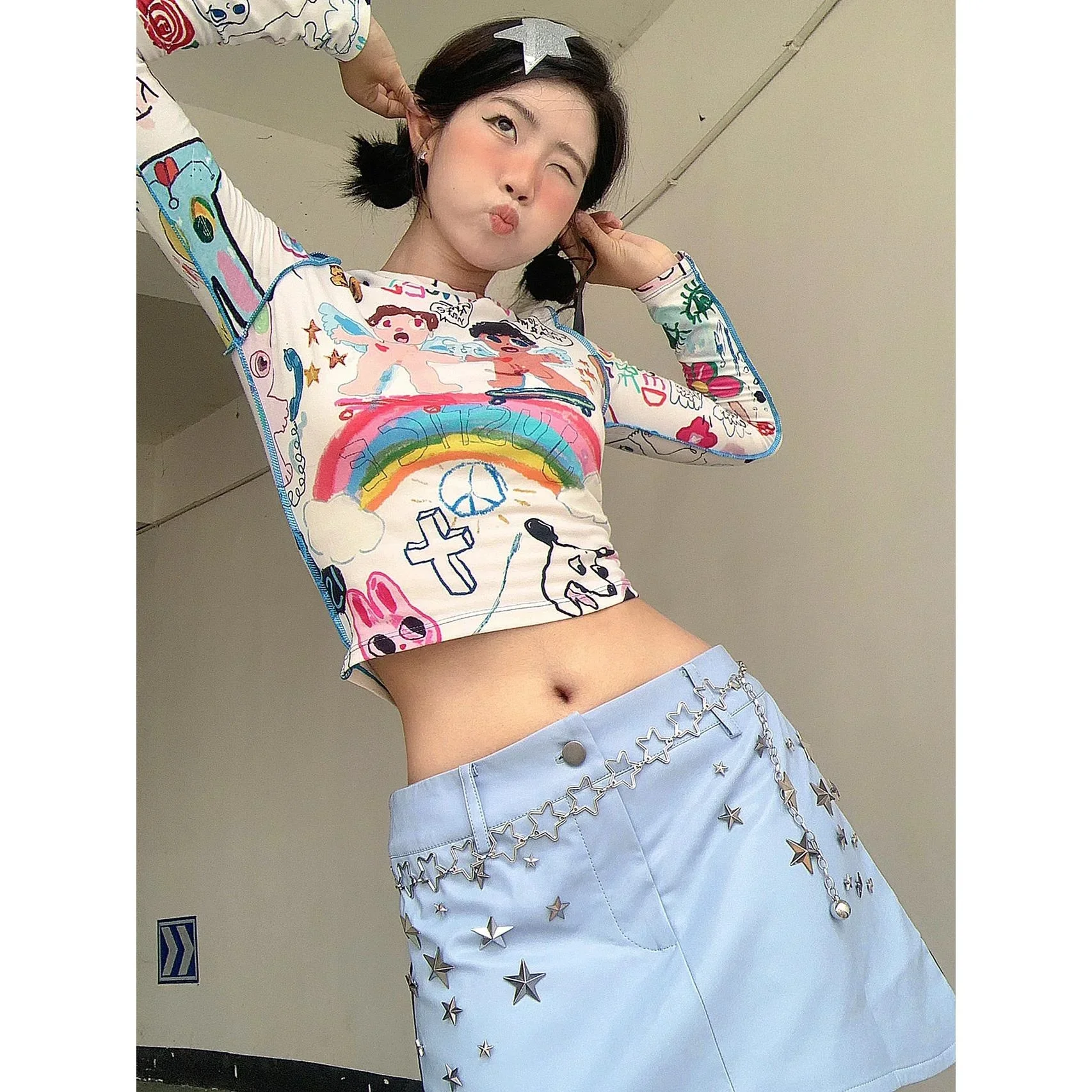 Korean Cute Sweet Girl Vacation Retro Graffiti Printed Long Sleeve Graphic T Shirts Short Bottom Top Edition T Shirt Women