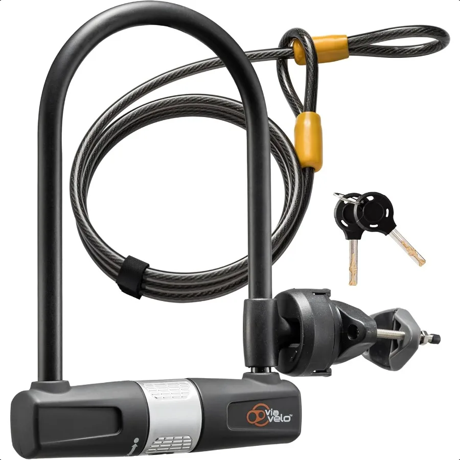 

Bike U Lock with Cable Via Velo Heavy Duty Bicycle ULock14mm Shackle and 10mm x1.8m Cable with Mounting Bracket for Road Mounta