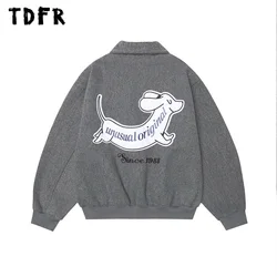 Puppy Letter Embroidery Woolen Jacket Mens Autumn Winter Streetwear Lapel Single Breasted Long Sleeve Outerwear Men