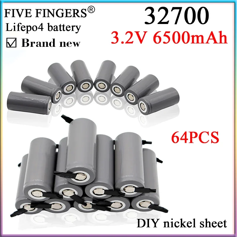 

64PCS New 3.2V 6500mAh 32700 LiFePO4 Rechargeable battery 35A discharge DIY 12v 24v 36v Electric Tools bike Solar+Nickel sheet