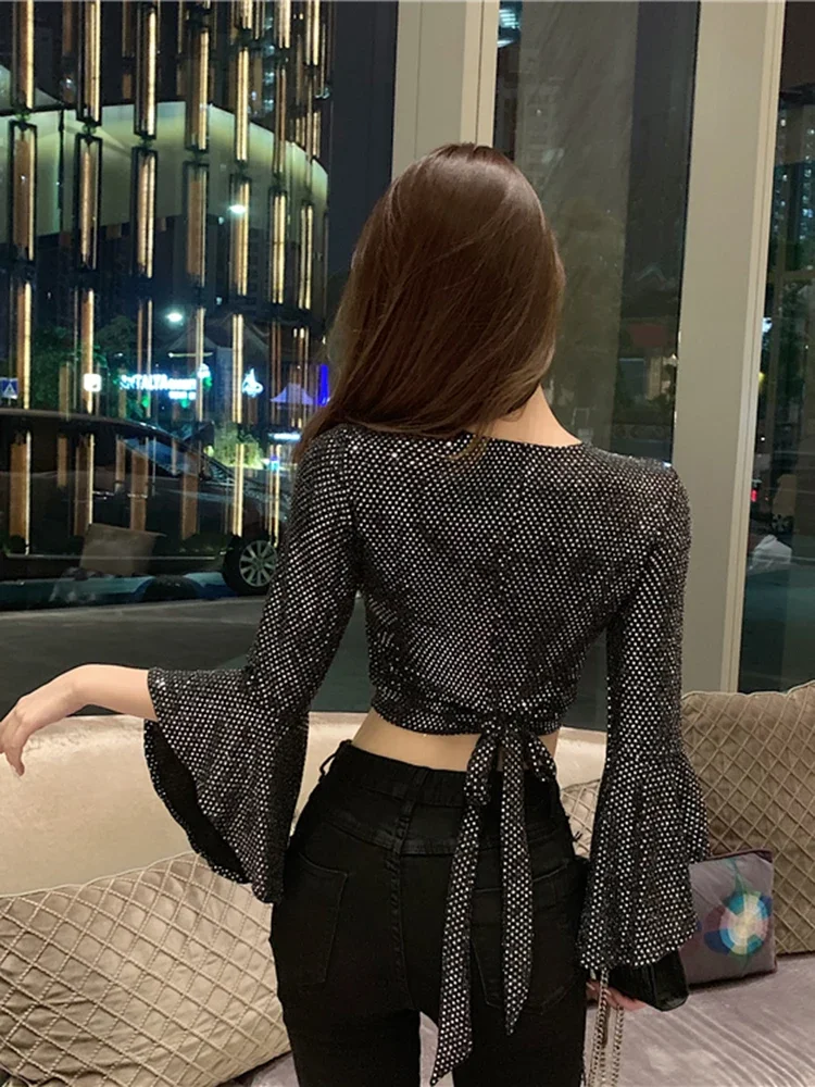 Women Spring Summer Sexy V-neck Cross Cutout Strap Sequins Slim Fit Flared Sleeve Short T-shirt D0311