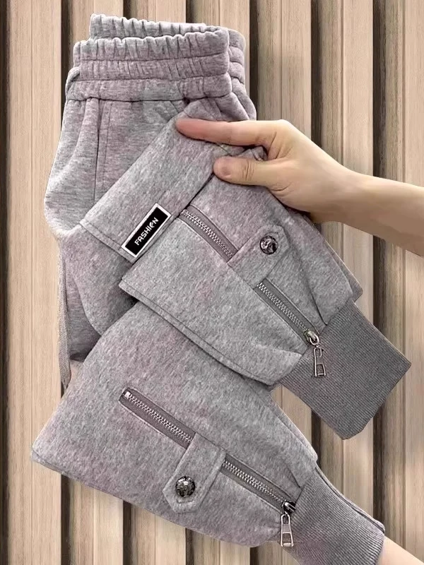 

Women's Fleece Lined Thickened Cuffed Sports Pants Autumn Winter Loose Zipper Design Casual Harlan Sweatpants High Waist Wide...