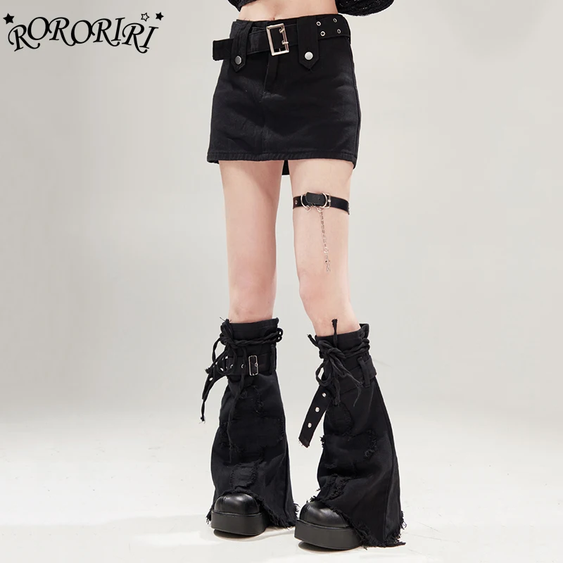 

RORORIRI Frayed Denim Black Leg Warmers Women Solid Cross Patchwork Bandage Belt Knee Long Boots Cover Retro Harajuku Streetwear