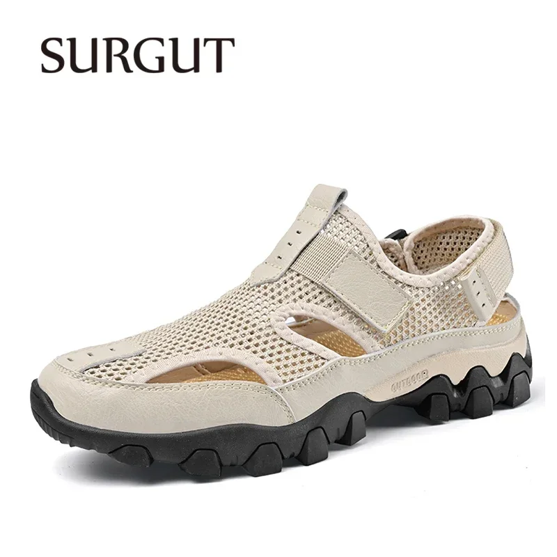 SURGUT New 2025 Fashion Mesh Patchwork Men Sandals Hollow-Out Breathable Summer Shoes Men Outdoor Beach Sandals Casual Footwear