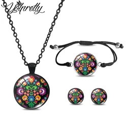 2023 nuovo arrivo polacco fiori popolari arte collana nera braccialetto di corda orecchini a bottone set di gioielli Cabochon di vetro per le donne