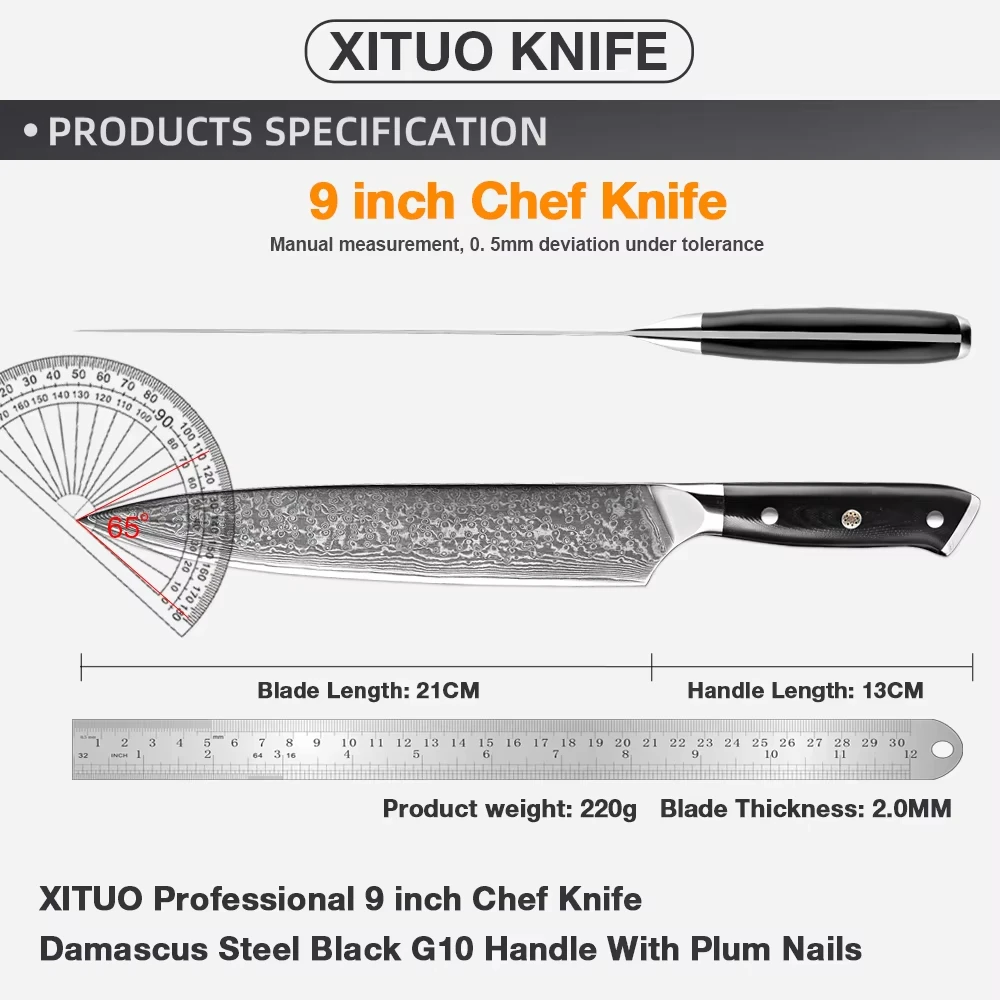 Professional Damascus Chef Knife 9 Inch Kitchen Knife Full-Tang G10 Handle Cooking Knife Japanese 67-Layer VG10 Steel Chef Knife