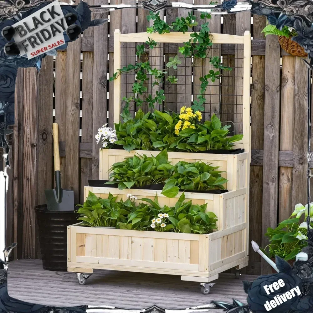 3-Tiers Raised Garden Bed with Trellis, 53