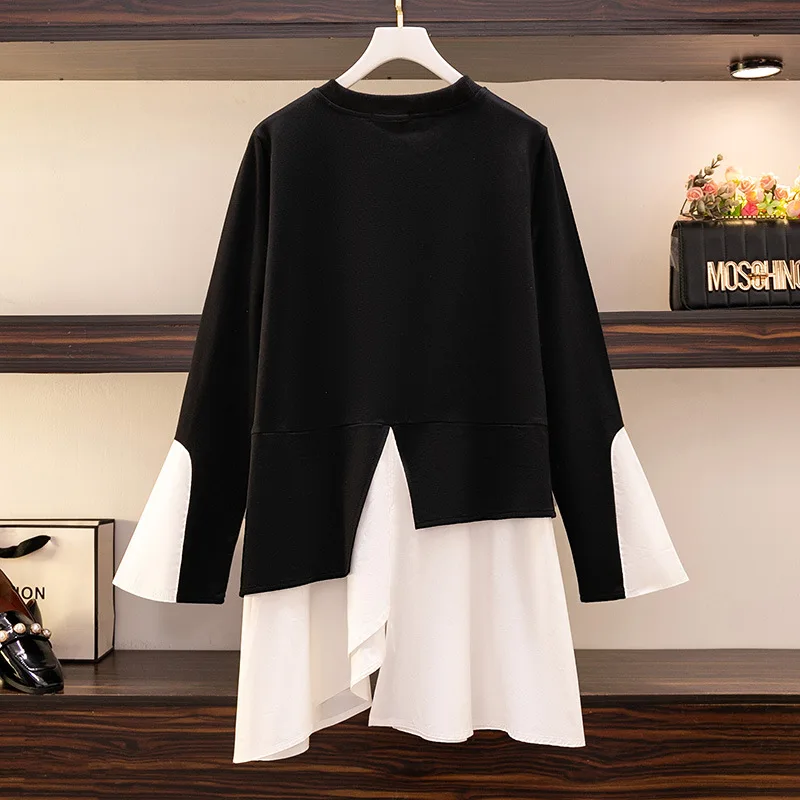 150Kg Large Size Women\'s Loose Spring Autumn New Contrast Color Stitching Long Sleeve Irregular T-Shirt 5XL 6XL 7XL 8XL 9XL