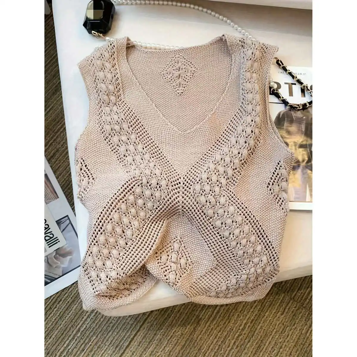 Gilet Smanicato con Scollo a V e Spacco, Moda Femminile, Stile Street, Vestibilità Slim, in Cotone, Colorato, Lunghezza Regolare per la Primavera