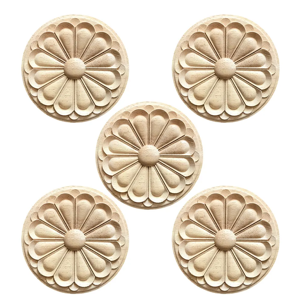 

5pcs Wooden Carved Onlay Applique Decal Unpainted Furniture Bed Door Cabinet Decor Wood for Furniture Wall Door Box Desk Decor