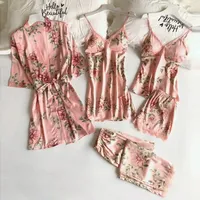 Sexy Women's Summer Sleepwear Five-Piece Set Strap Home Clothes with Chest Pad Robe V-Neck Thin Material Other Fabric Home Wear