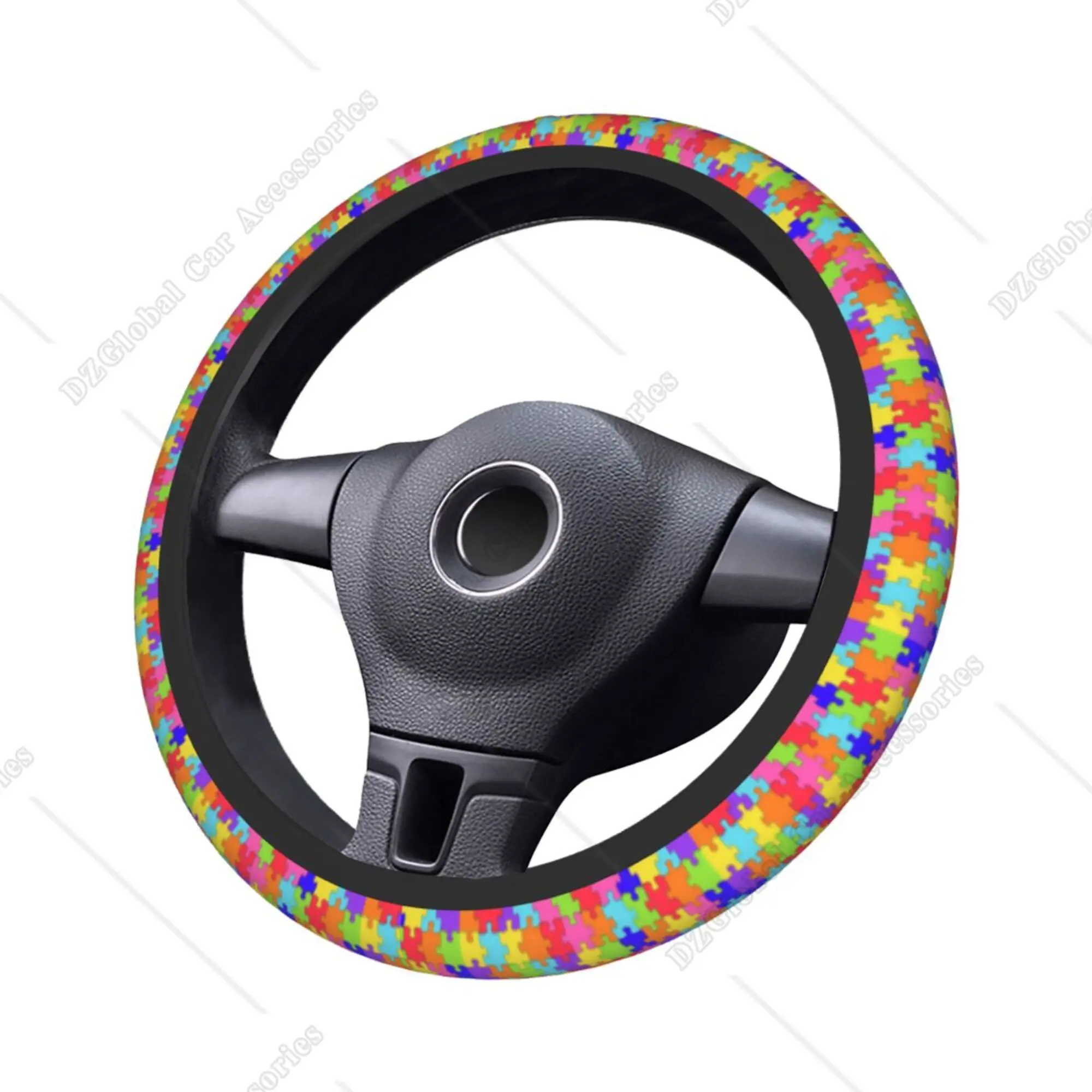 Care for World Autism Awareness Day Puzzle Steering Wheel Cover Universal 15 Inch Car Accessories Anti-Slip Breathable Elastic