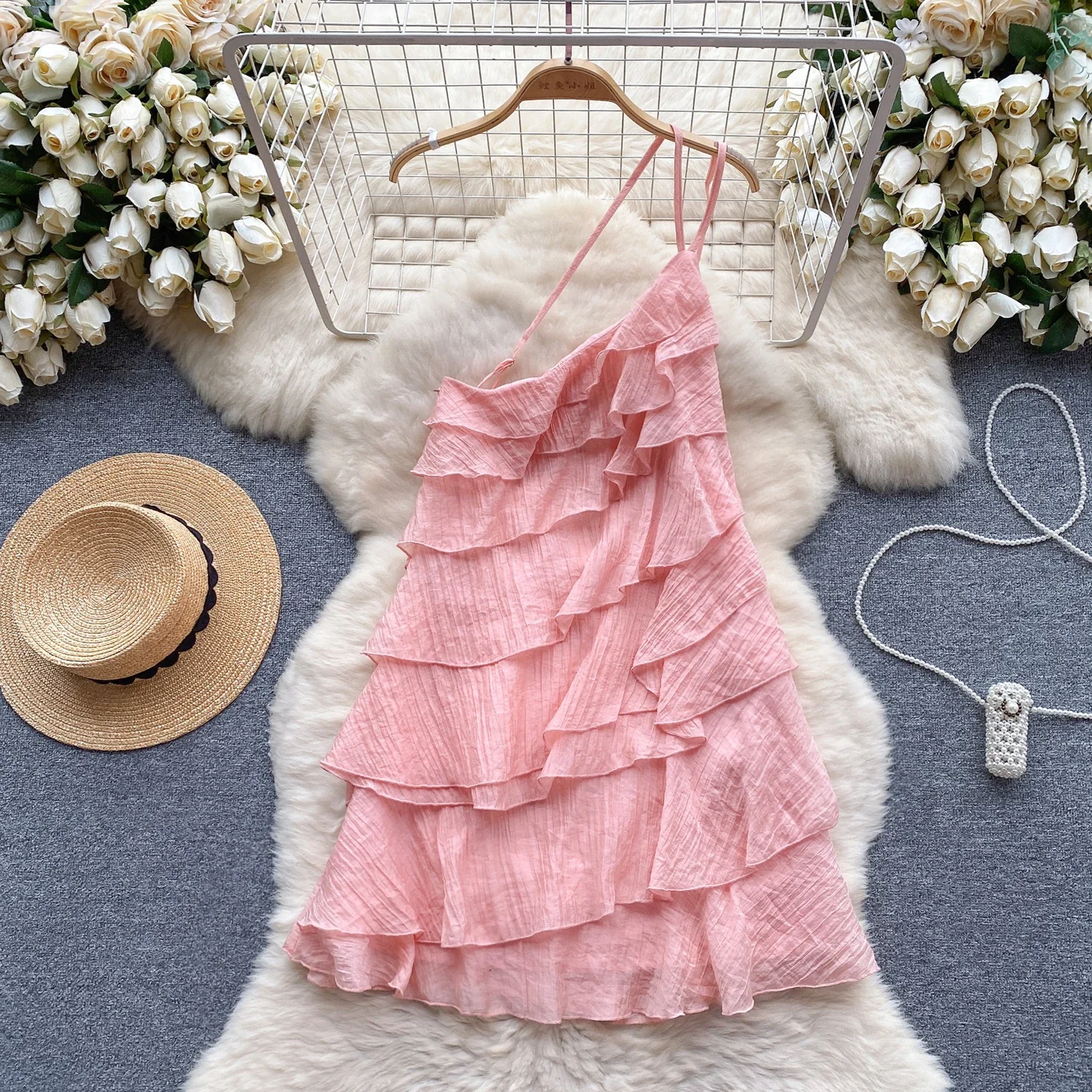 Fashion Flounced Edge Tierred Vocations Vestidos Female Exposed Shoulders Dresses White Dress Dress for Women Maxi Dress