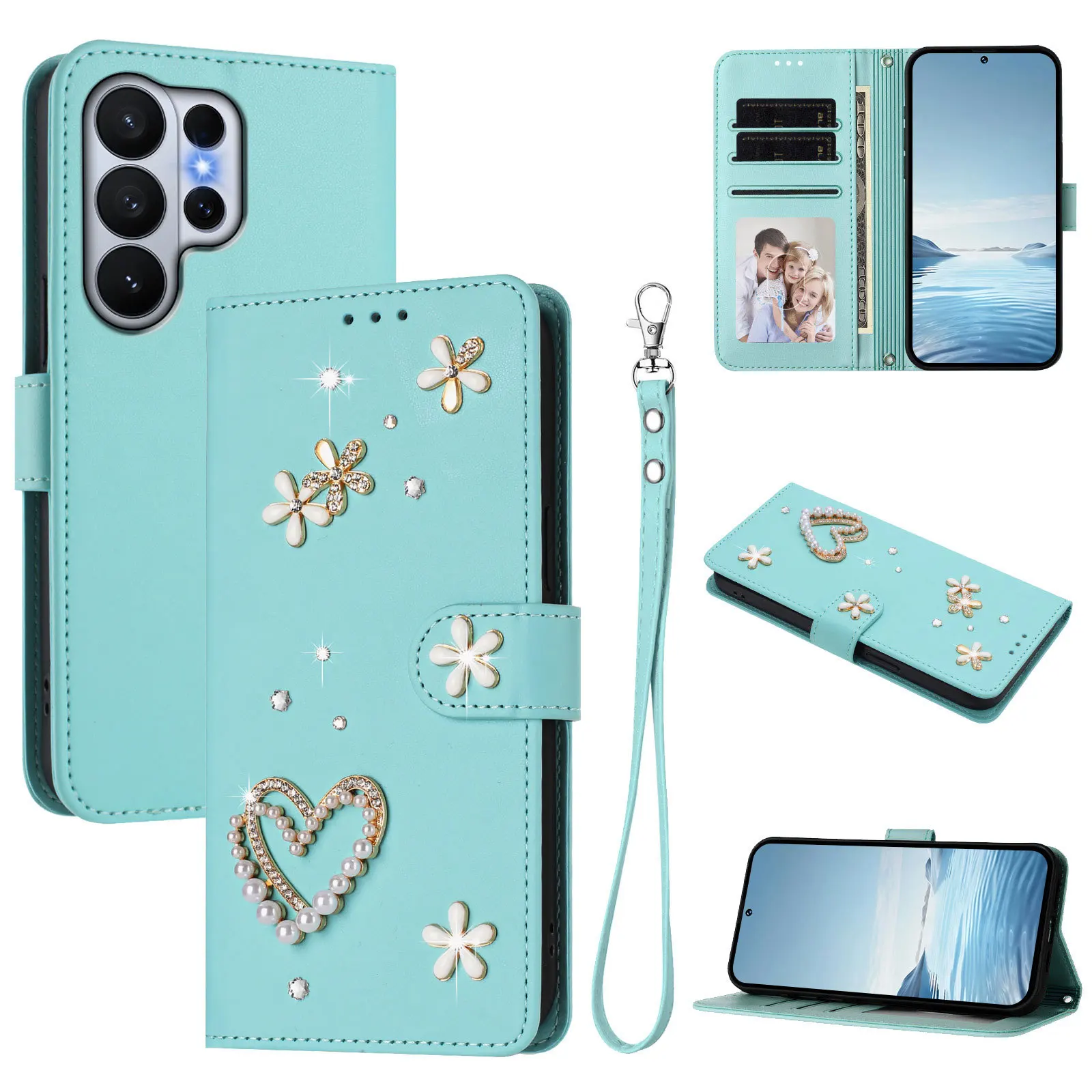 Bling Pearl Heart Flower Flip Wallet Case For Samsung Galaxy A71 A51 A41 A31 A21 A21S A11 A01 Phone Cover 3 Cards Slot Coque