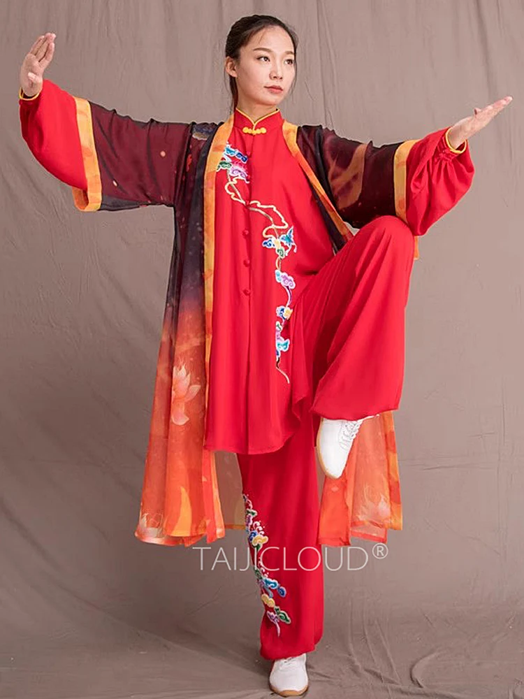 

Women's Premium Red Taichi Uniform 4-Season Embroidered Kung Fu Suit with Colorful Auspicious Clouds High-End Martial Arts Perfo