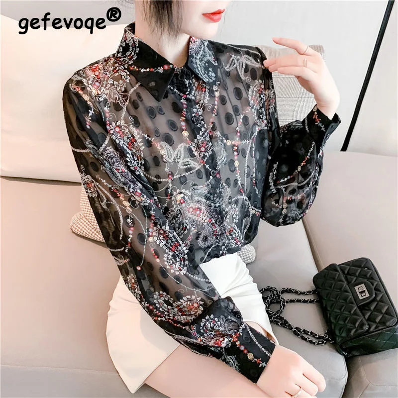 

Vintage Printed Elegant Fashion Chic Office Lady Commute Button Up Shirt Sexy Sheer Loose Lantern Sleeve Blouse Top Women Blusas