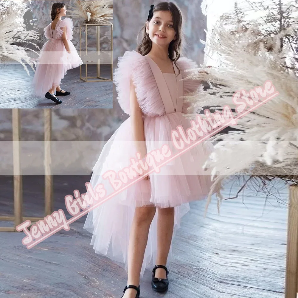 

Pink Hi-Low Mesh Fabric Beautiful Flowers Girls Dresses Ruched Sleeveless Short Birthday Party Wedding Evening Dress