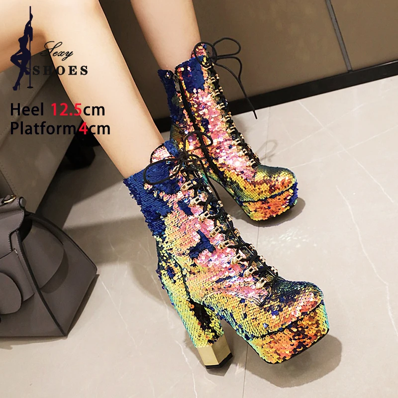 Bling Shiny Platform Ankle Boots Women Chunk Heeled High Heels Sequined Special for Pole Dancer Shoes Lady Short Glitter Boots