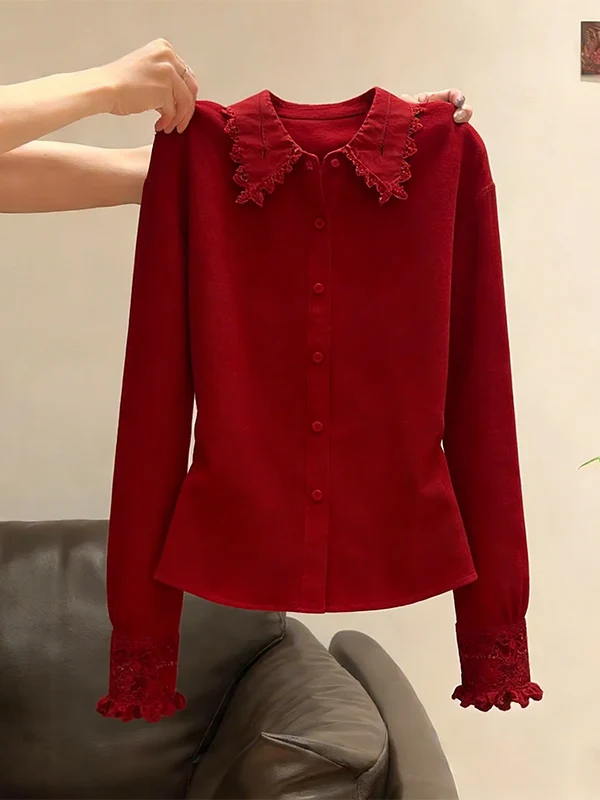 

Spring New Style Women's Slim Fit Knitted Long Sleeve Embroidered Collar Top Red Color Fashionable Casual Wear Korean Style
