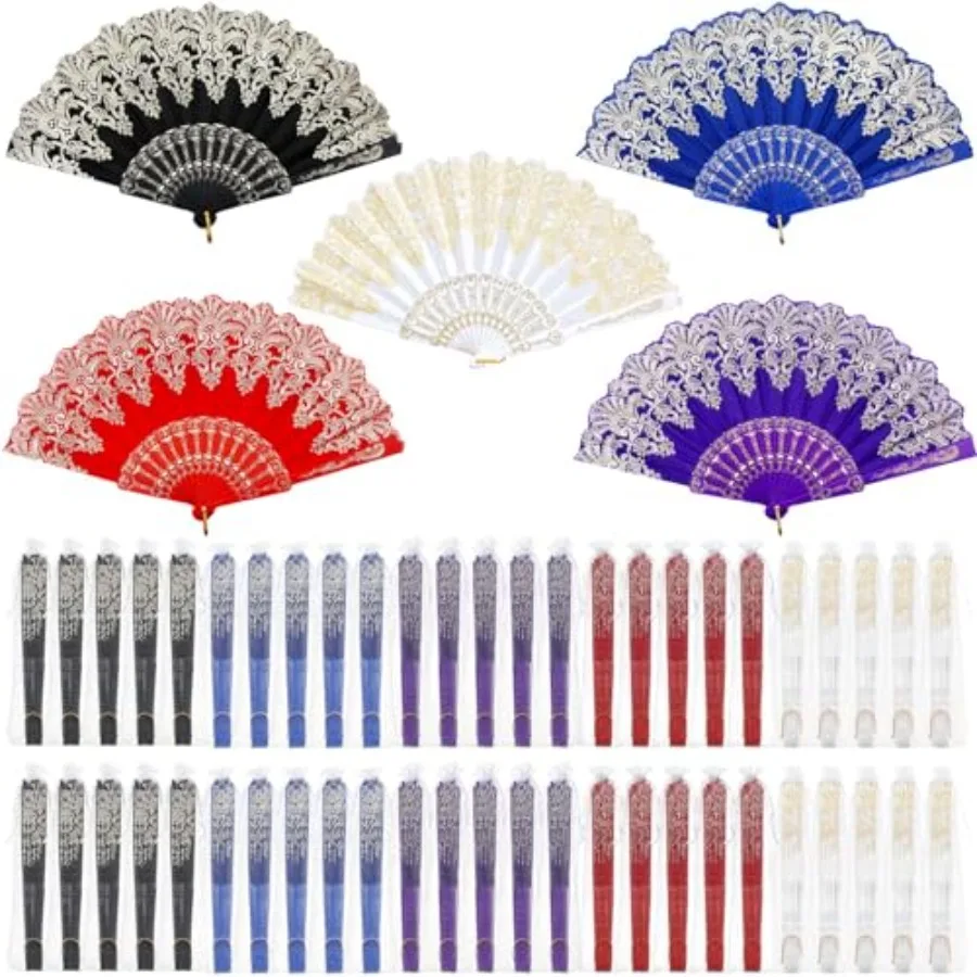 

50 Pcs Hand Lace Foldable Fans Bulk for Women with Organza Bag Lace Folded Hand European Retro Fan Bridal Dancing Prop Wedding