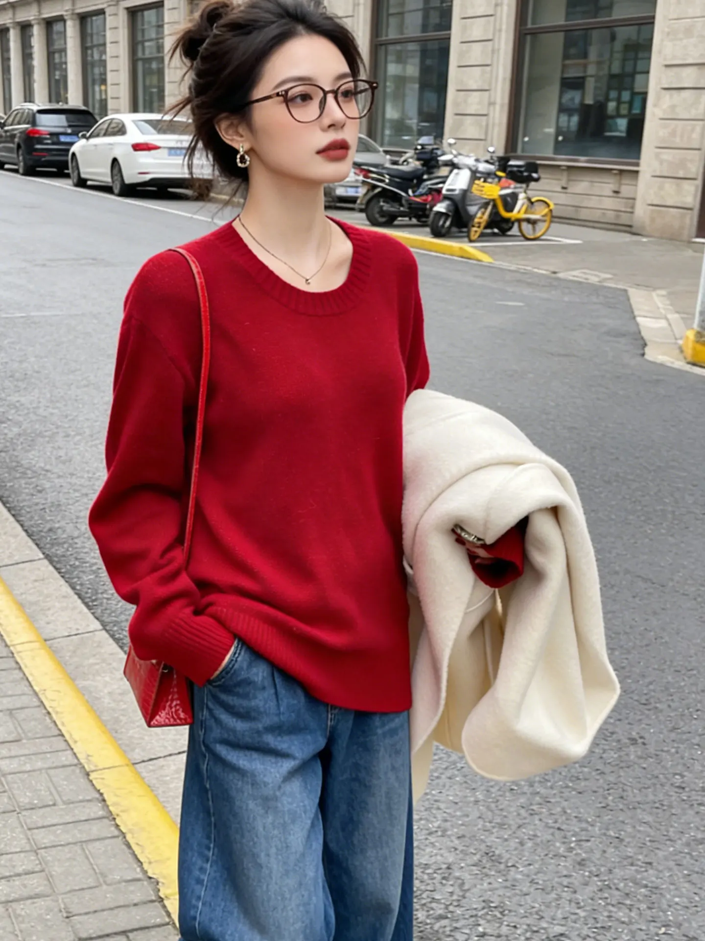 

Red Knitted Sweater Women's Base Layer Loose Fit Winter Autumn Lazy Style Inner Wear Outer Wear Soft Polyester Fiber