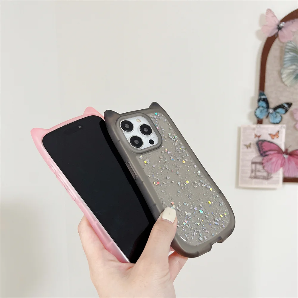 Cute Cat Ears 3D Transparent Case For iPhone 17 Air 16 15 14 Plus 13 12 11 Pro Max INS Funny Bling Glitter Star Shockproof Cover - náhled 5